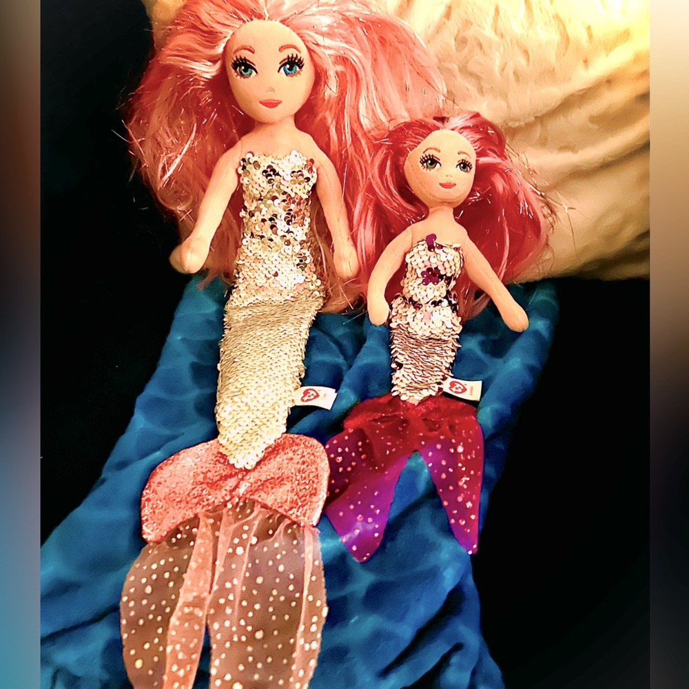 Beautiful Set of 2 Ty Mermaid Plush Dolls Sea Sequins Lorelei & Cora Pink/Purple